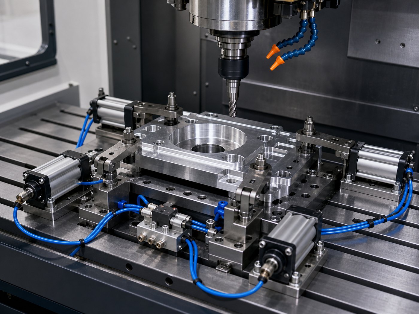 CNC machining center with pneumatic clamping components