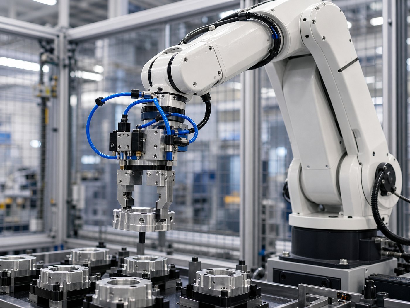 Industrial robot workcell with pneumatic gripper and air tubes